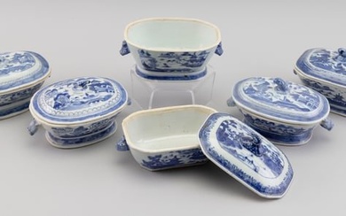 SIX CHINESE BLUE AND WHITE PORCELAIN SAUCE TUREENS 19th Century Heights approx. 4". Lengths approx.