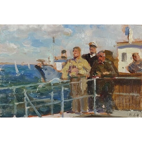 Sailors before boats and water, Russian school oil on board,...