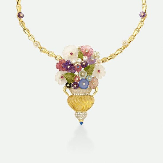 Santagostino, Gem and gold flowerpot necklace