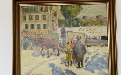 Scenery from Paris with horse carriage and people. Signed Erik Larsen. Oil on canvas. 60×80 cm.