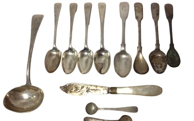 Selection of Georgian and later teaspoons and other items (various dates and makers)