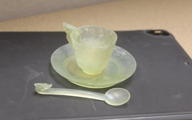 Serpentine Chinese Jade Cup, Saucer Dragon Spoon