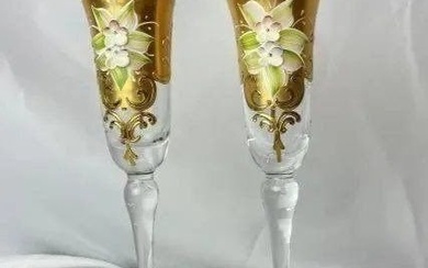 Set of Two Murano Glass Champagne Flutes , hand painted 24K Gold