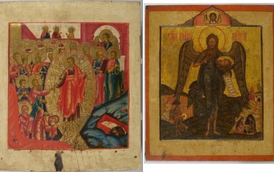 Set of two icons painted on wood representing "The Anastasis" and "Saint John the Baptist". Russian work. Period: 18th and 19th (?). Size: 31,3x26,7cm and 32,7x27,8cm.