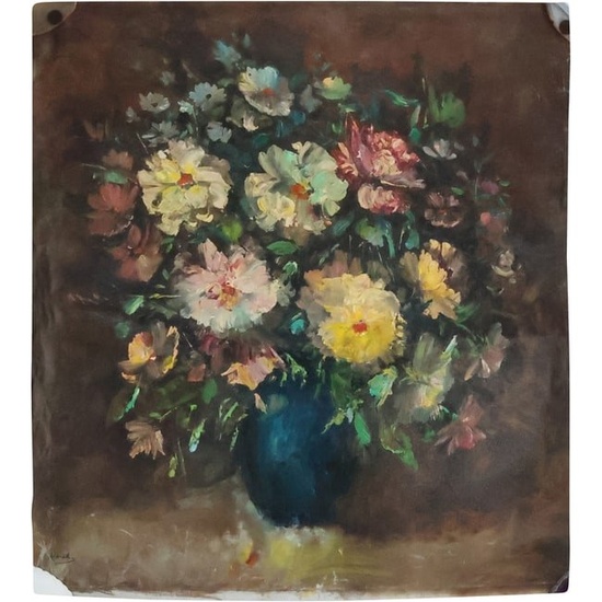 Signed Danilin, Vintage Oil on Canvas Painting Still Life Flowers in Vase, Unstretched