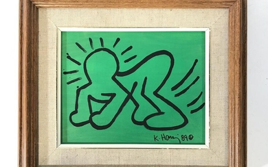 Signed Framed Painting On Board Attr KEITH HARING