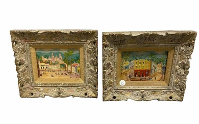 Signed Pair of Acrylic Painting on Canvas Street Scene