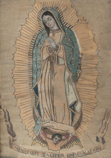 Silk embroidery representing the Virgin of Guadalupe.
