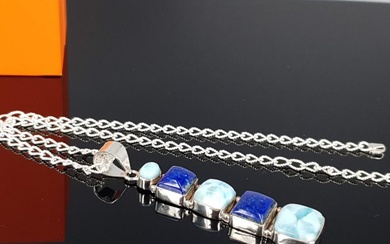 Silver, Natural Larimar & Lapis Lazuli Stone / Free Delivery - Necklace with pendant