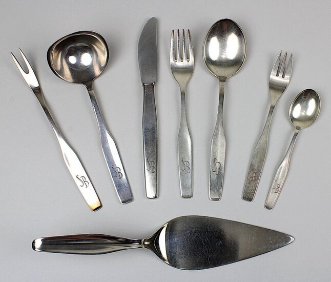 Silver tableware, WMF, German, 2nd half of the 20th century, 57 pieces, complete for 9 persons, consisting of: 11 spoons, 12 forks, 9 knives, 11 coffee spoons, 11 cake forks, serving fork, sauce spoon and a slightly different cake server in the model...