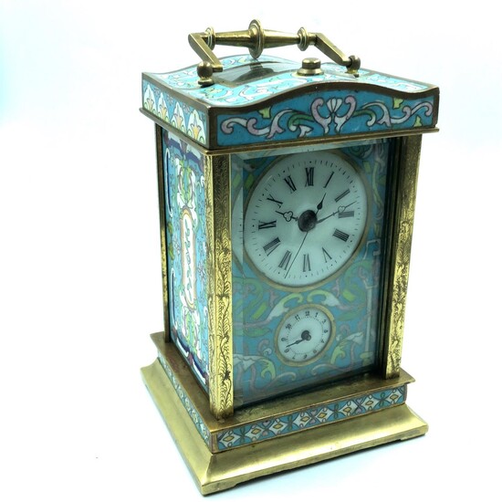 Striking alarm carriage clock with brass and cloisonne sides...