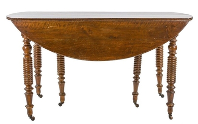 Striped tableEngland, early 20th centuryin walnut wood, round top, six turned legs, feet on castors, some defects, scratches and wear77 x 146 x 102 cm