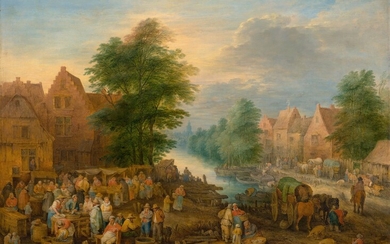 THEOBALD MICHAU(Tournai 1676-1765 Anvers)Scène de village animée avec l'agitation du marché. Huile sur bois. Signé...