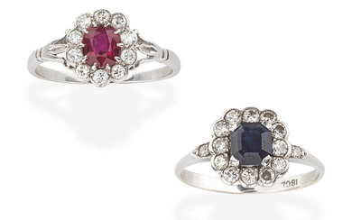 TWO GEM-SET AND DIAMOND CLUSTER RINGS (2)