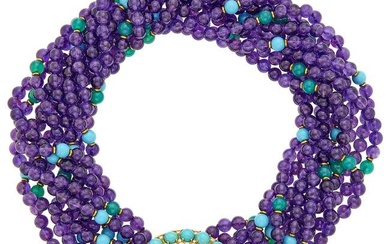 Ten Strand Amethyst, Turquoise and Green Onyx Bead, Carved Amethyst, Turquoise and Diamond Torsade