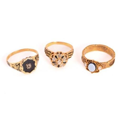 Three 19th-century mourning rings; including a signet ring w...