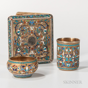 Three Pieces of Russian .875 Silver-gilt Cloisonne Enamel