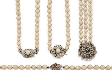Three cultured pearl necklaces and a cultured pearl bracelet, one necklace with diamond clasp, stamped 750, approx. length 60cm, one with flowerhead design clasp, approx. length 40cm; one with red gem clasp, stamped 750, approx. length 115cm; the...