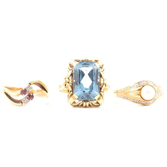 Three gemset dress ring, synthetic blue spinel, pearl, ruby and diamond.