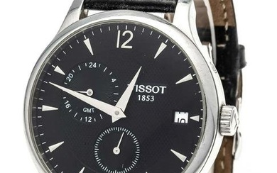 Tissot mens quartz watch ref. T063639A, steel case with pressure back, black dial with chrome