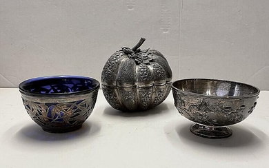 SOLD. To kinesiske eksport skåle af sølv, den ene med indsats af blåt glas. Desuden mellemøstlig lågskål af sølvholdigt materiale. 20. årh. H. 6-13. (3) – Bruun Rasmussen Auctioneers of Fine Art