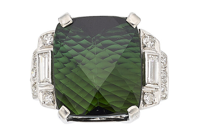 Tourmaline, Diamond, White Gold Ring Stones: Cushion-shaped checkerboard faceted...