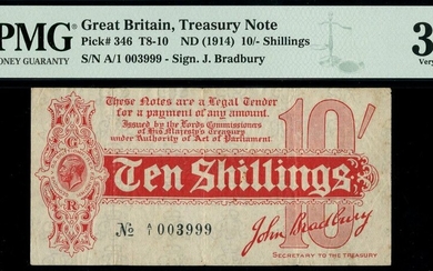 Treasury Series, John Bradbury, first issue 10 shillings, ND (14 August 1914), serial number A/...