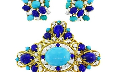 Turquoise Lapis Gold Brooch Pin Clip Earrings Set
