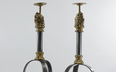 Two [2] Brass and Iron Lion Head Candle Stands