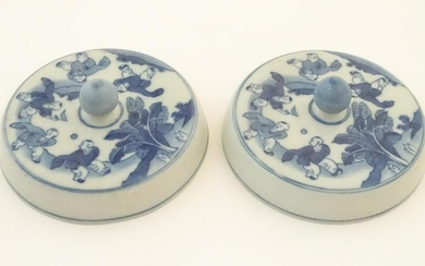 Two Chinese blue and white lids with figures in a