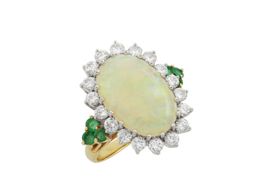 Two-Color Gold, Opal, Diamond and Emerald Ring and White Gold Bangle with Art Deco Platinum and Diamond Watch Head