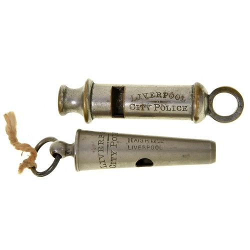 Two Liverpool City Police whistles, late 19th/ early 20th c,...