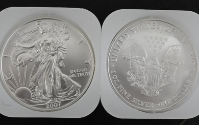 Two Rolls of 20-2007 1oz Silver American Eagle Dollar Coins BU