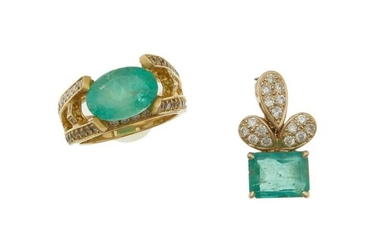 Two emerald and diamond jewelry items