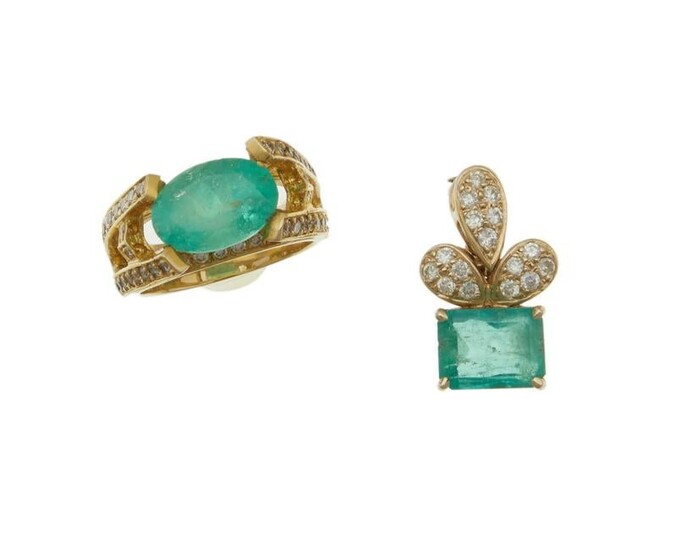 Two emerald and diamond jewelry items