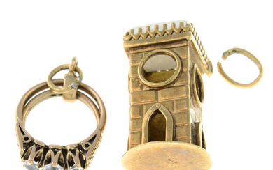 Two mid 20th century 9ct gold paste charms, to include a tower charm and a ring set charm.
