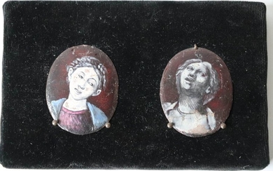 Two oval enamelled miniatures representing busts of women....