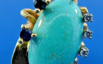 UNIQUE Taxco 18k Yellow Gold, Turquoise, Sapphire &