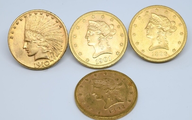 USA. Quatre pièces 10 dollars or. 1892, 1899,...