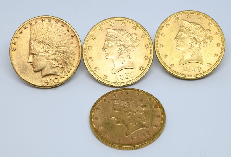 USA. Quatre pièces 10 dollars or. 1892, 1899,...