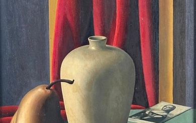 Ugo Celada da Virgilio Oil, Still Life with Vase, Pears and Postcard