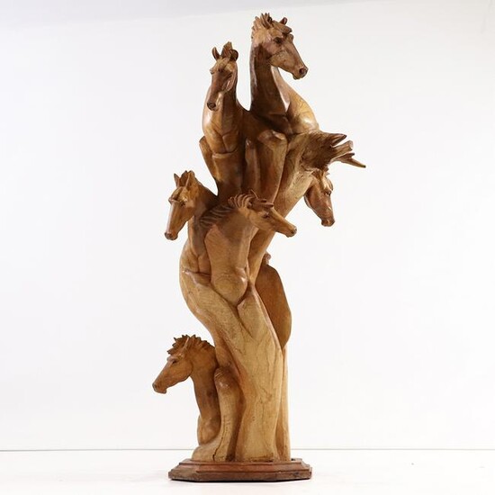 Unique Hand Carved Wood Grouping Horse Heads Sculpture