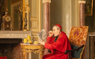 Victor Marais-Milton (1872-1948), a cardinal reading the paper, oil on canvas, 38 x 47 cm...