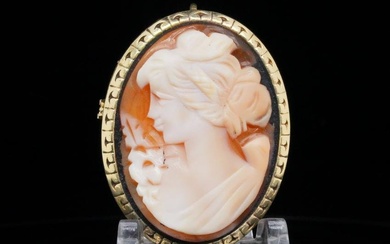 Vintage Carved Shell Cameo and 14K Yellow Gold Brooch