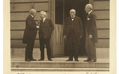 WORLD WAR I – COUNCIL OF FOUR. Photograph signed by David Lloyd George (‘D Lloyd George’), Georges Clemenceau (‘G Clemenceau’) and Woodrow Wilson (‘Woodrow Wilson’), n.p. [Versailles], n.d. [1919].