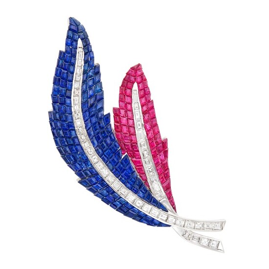 White Gold, Invisibly-Set Sapphire, Ruby and Diamond Clip-Brooch