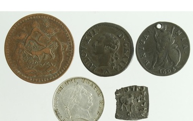 World Coins (5): GB Farthing 1694 GF holed; Ireland silver 1...