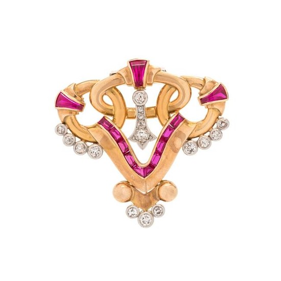 YELLOW GOLD, DIAMOND AND SYNTHETIC RUBY BROOCH