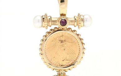 Yellow Gold, Gold Coin and Gem-Set Pendant