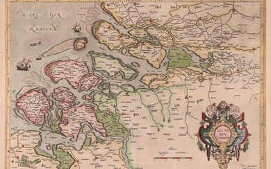[Zeeland]. "Zelandia comitatus". Carte engr. à la main, cart. déc., 34,3x48,5 cm, Amst, G. Mercator/...